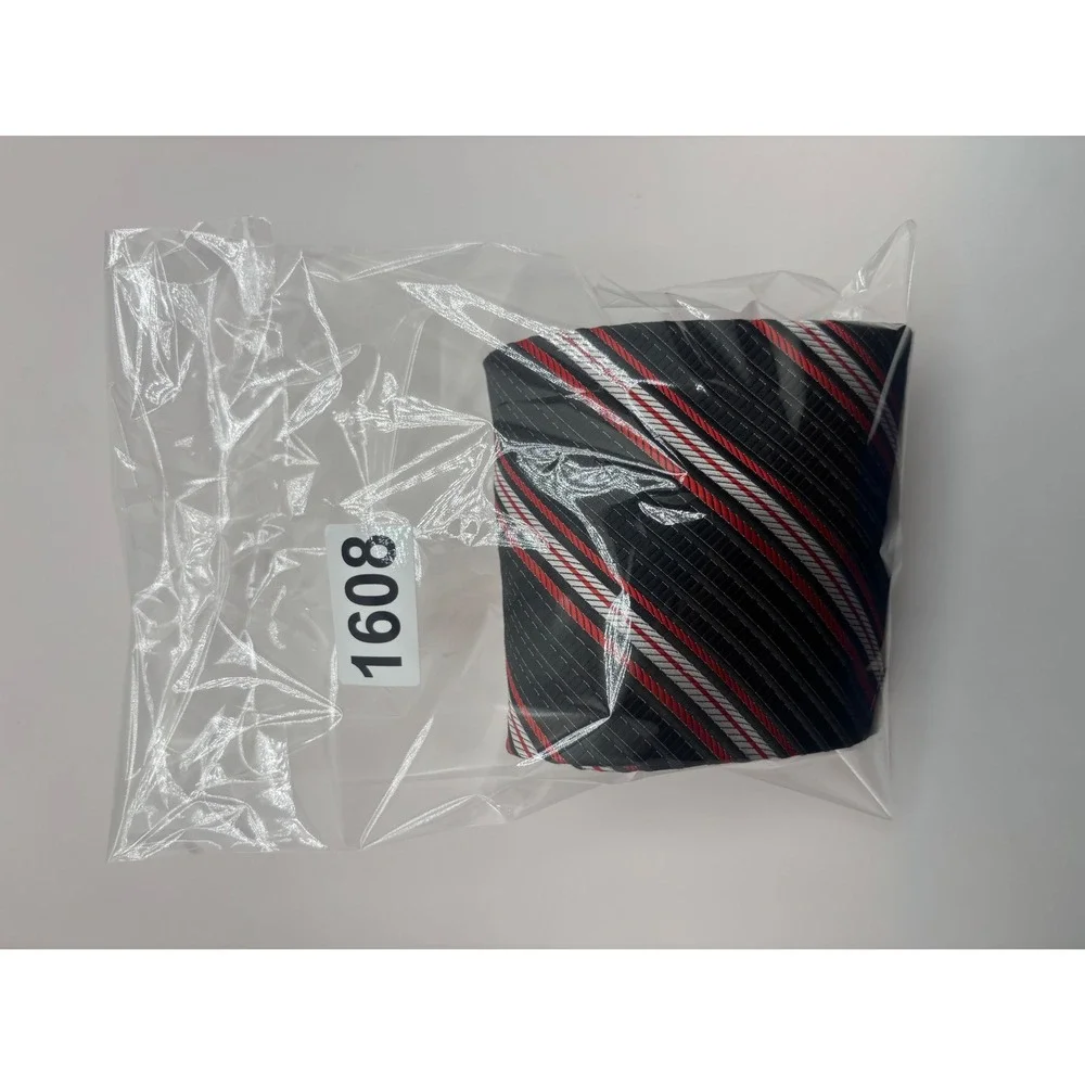 Angelino Mens Necktie Black Red White Diagonal Striped Hand Made Microfiber 1608